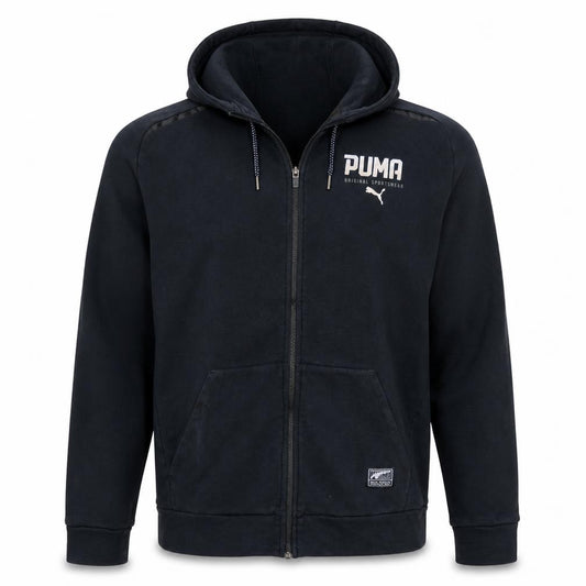 Front view of Puma Men’s Black Full Zip Hoodie, size L, Regular Fit Sportswear