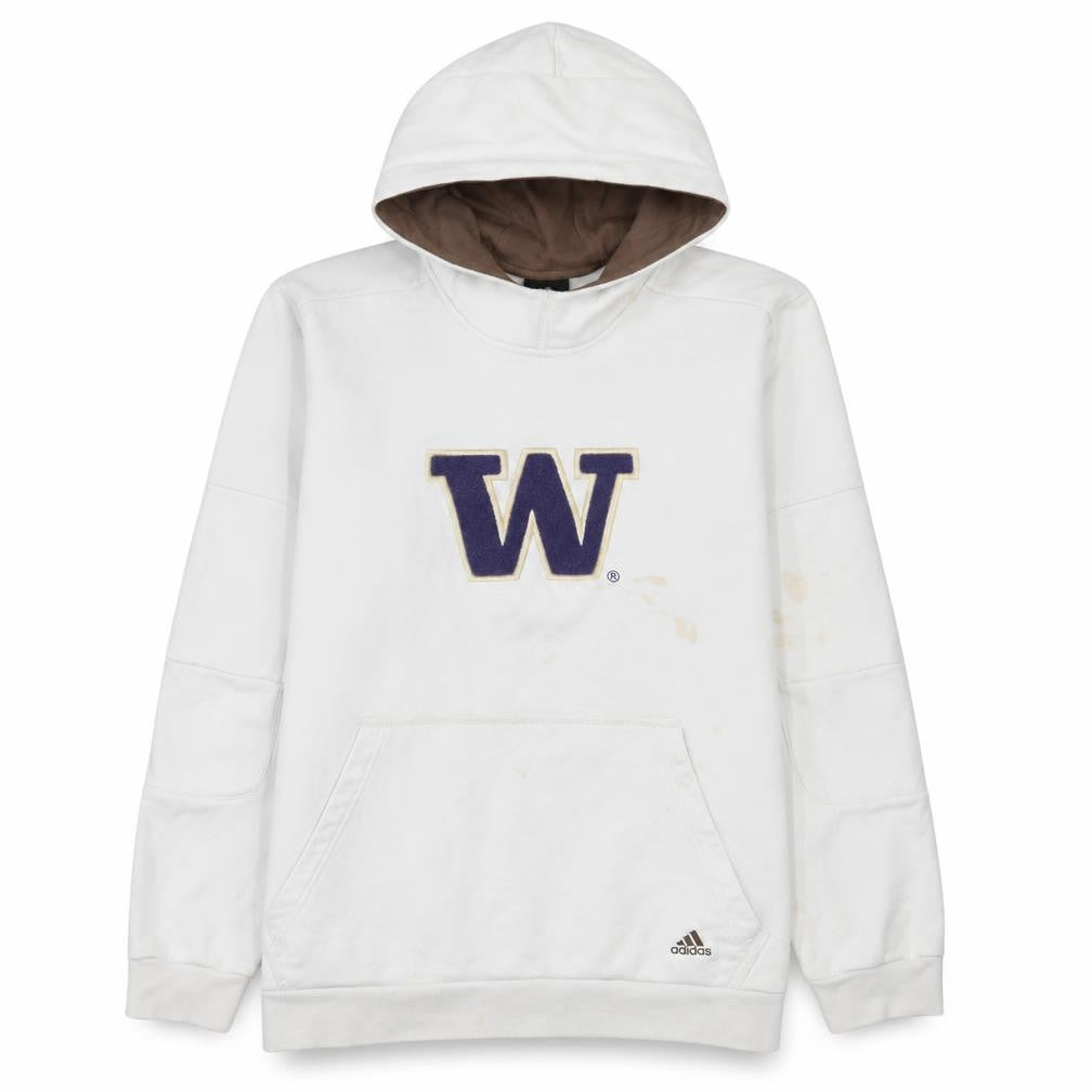 Front view of Adidas Men's White L Pullover Fleece Hoodie with Embroidered Logo