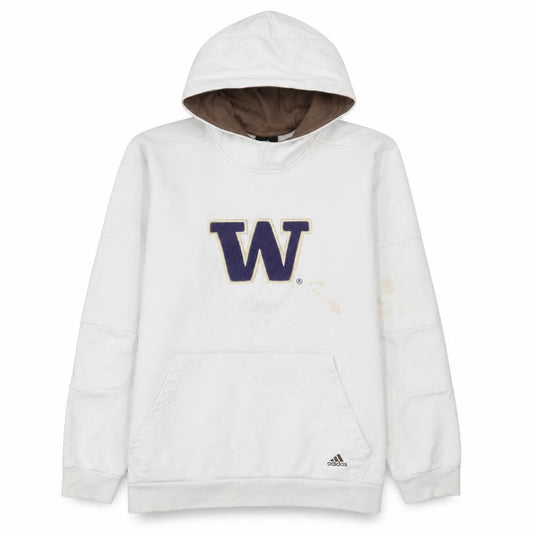 Front view of Adidas Men's White L Pullover Fleece Hoodie with Embroidered Logo