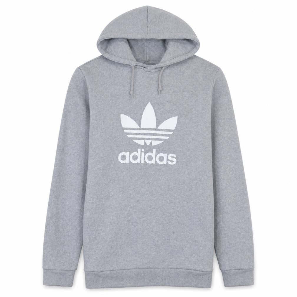 Front view of adidas men’s grey pullover hoodie s regular fit sports logo sweatshirt