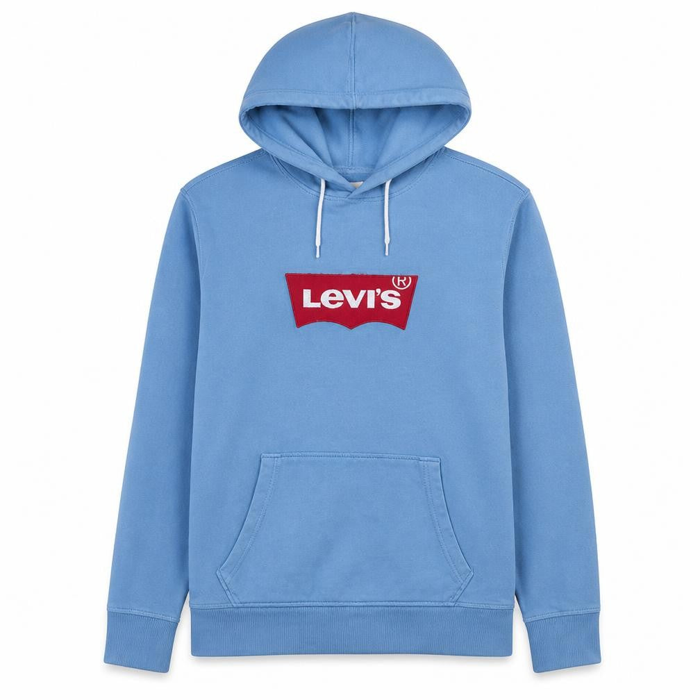 Front view of Levi's men’s blue pullover hoodie small graphic logo sweatshirt