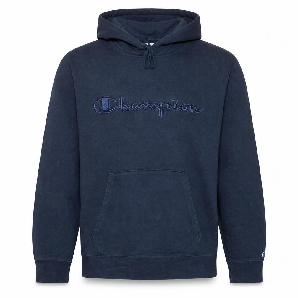 Front view of Champion Men's Blue XL Pullover Hoodie Embroidered Logo Sweatshirt