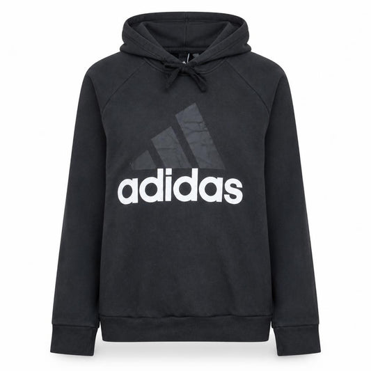Front view of Adidas women’s black pullover hoodie, size UK 12-14, cotton blend