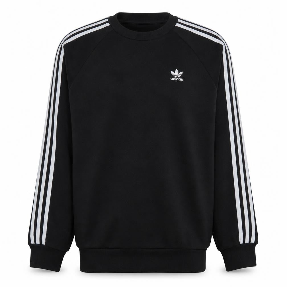 Front view of Adidas Men's Black Small Pullover Sweatshirt Crew Neck Logo Stripe