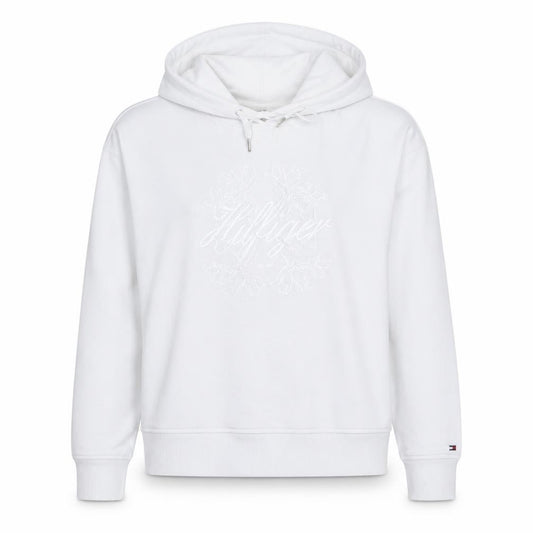 Front view of Tommy Hilfiger Women's White Embroidered Pullover Hoodie UK 20
