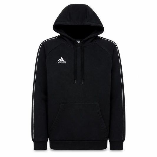 Front view of Adidas men’s black pullover hoodie l fleece lined sportswear