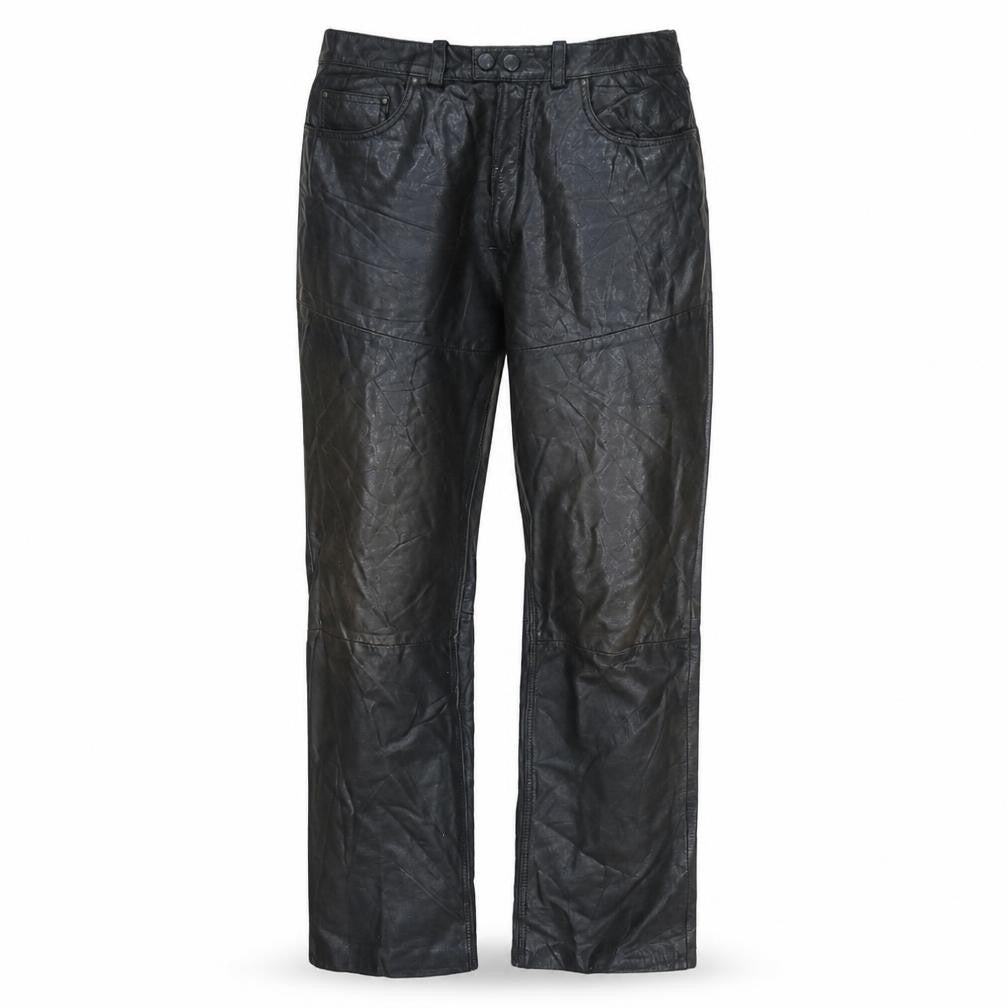 Front view of Dainese Men's Black Leather Motorcycle Trousers, size 52, Regular Fit