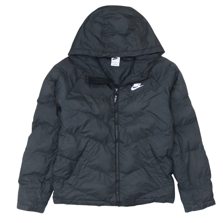 Nike Boys Black Hooded Puffer Jacket XL 158cm Full Zip Lightweight Winter Coat