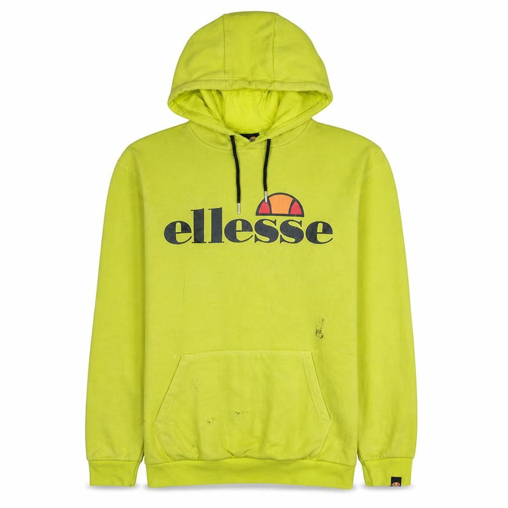 Front view of Ellesse men’s yellow pullover hoodie m logo sports sweatshirt