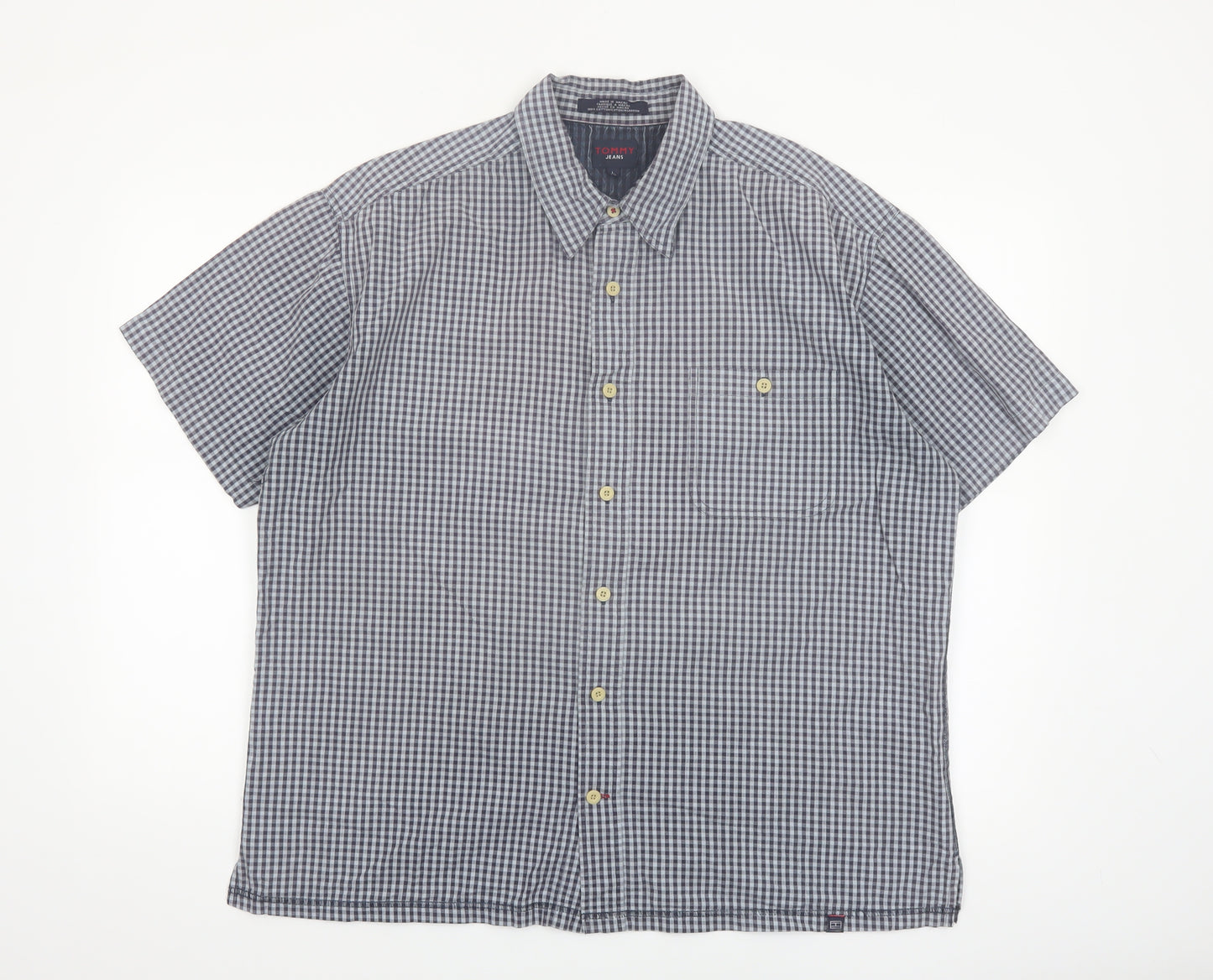 Tommy Jeans Men's Blue Check Short Sleeve Cotton Button-Up Shirt L