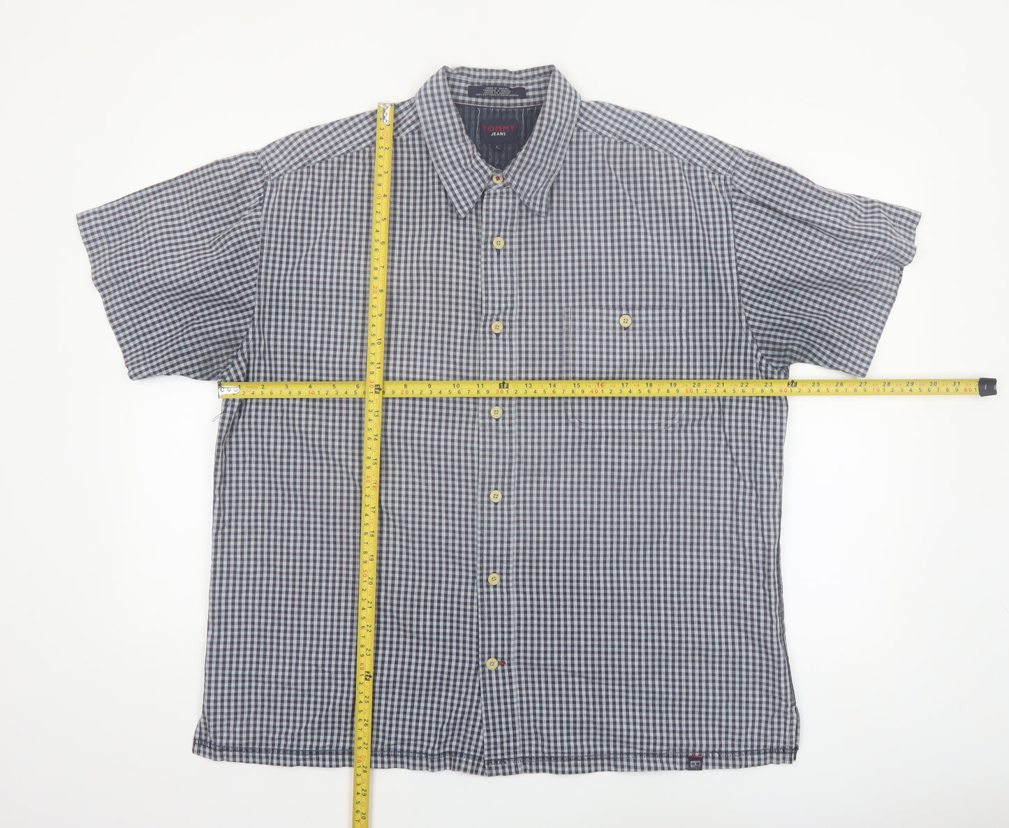 Tommy Jeans Men's Blue Check Short Sleeve Cotton Button-Up Shirt L