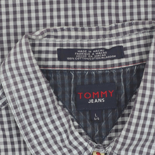 Tommy Jeans Men's Blue Check Short Sleeve Cotton Button-Up Shirt L