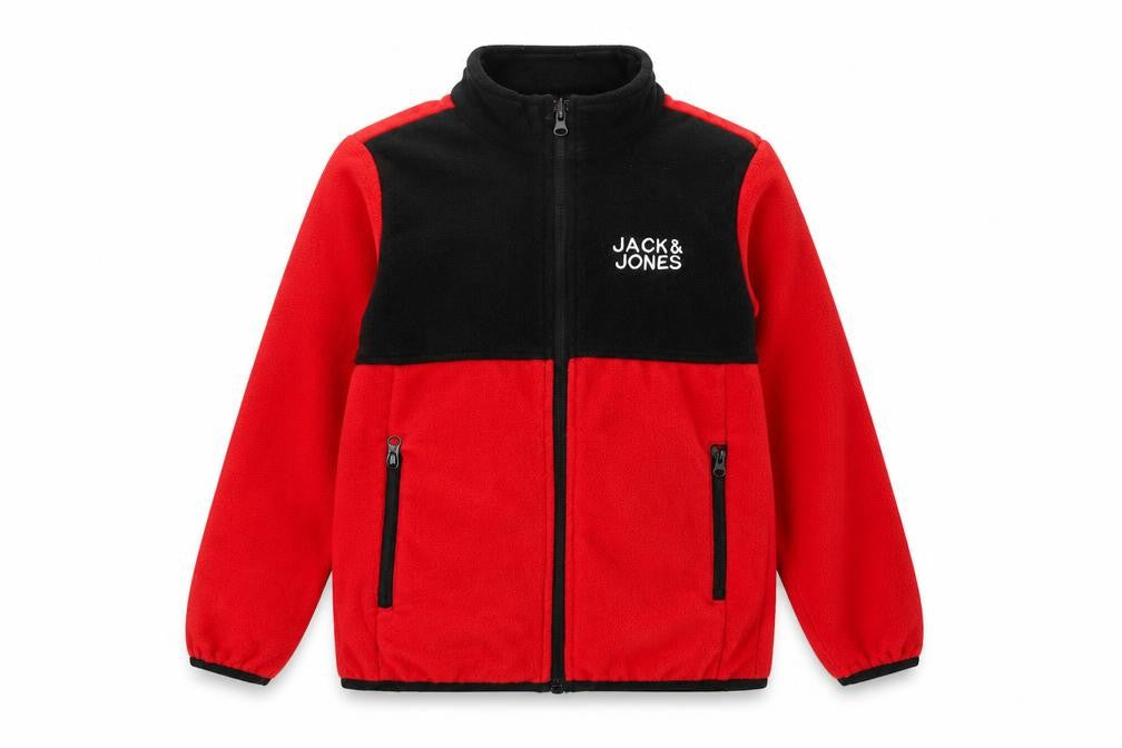 Front view of Jack & Jones boys’ red & black fleece zip jacket 12-13 years