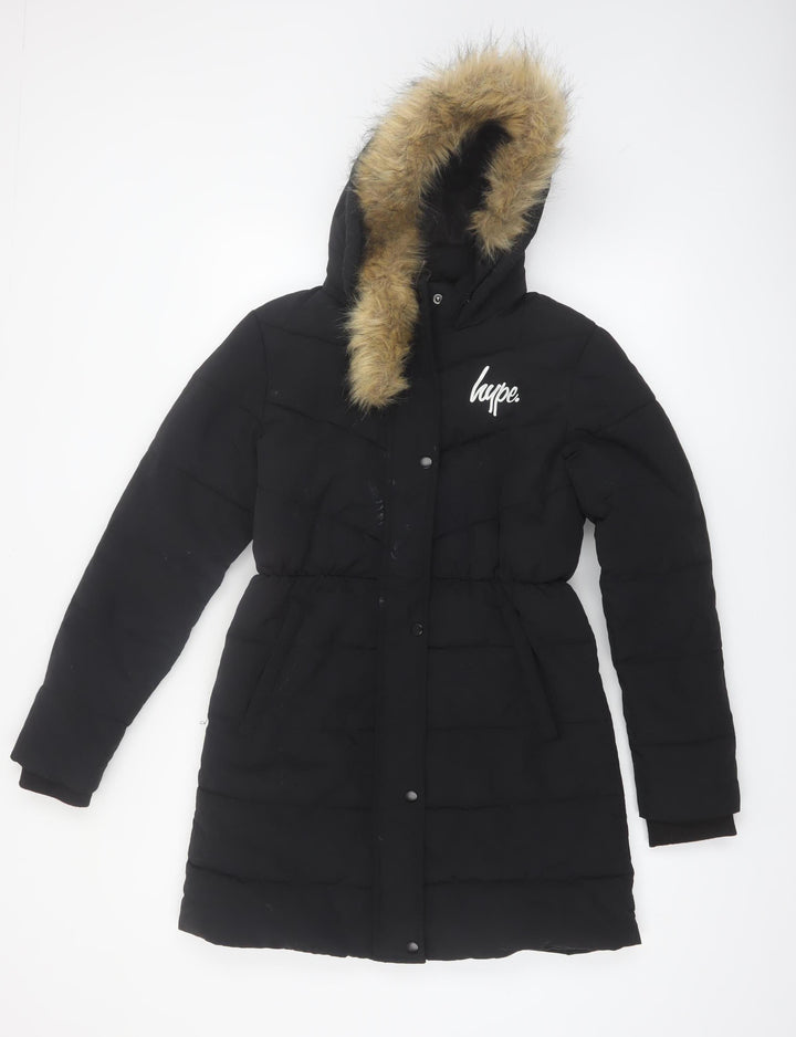 Hype Girls Black Faux Fur Hooded Long Puffer Coat - 14 Years