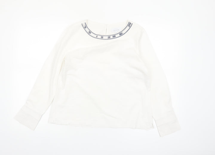 Just White Womens White Long Sleeve Blouse Size 8 Beaded Neckline