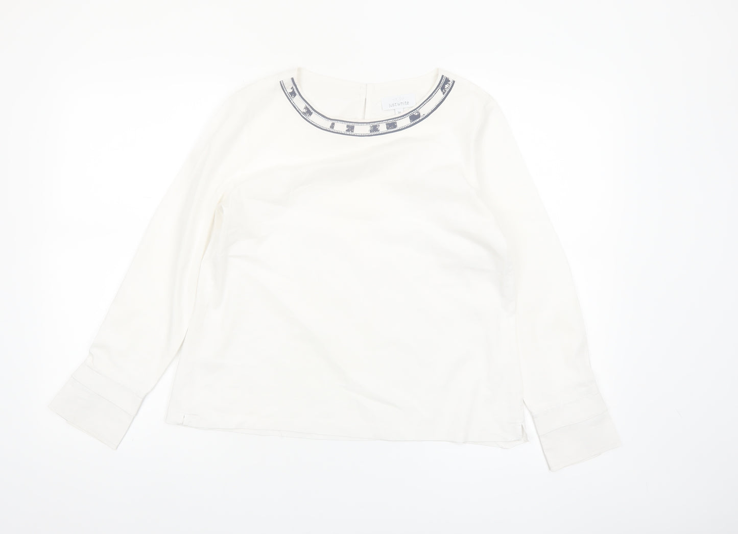 Just White Womens White Long Sleeve Blouse Size 8 Beaded Neckline