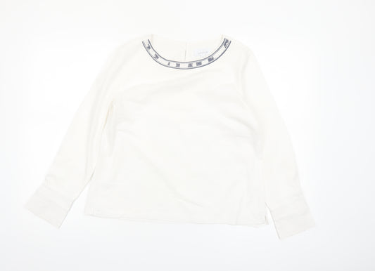 Just White Womens White Long Sleeve Blouse Size 8 Beaded Neckline
