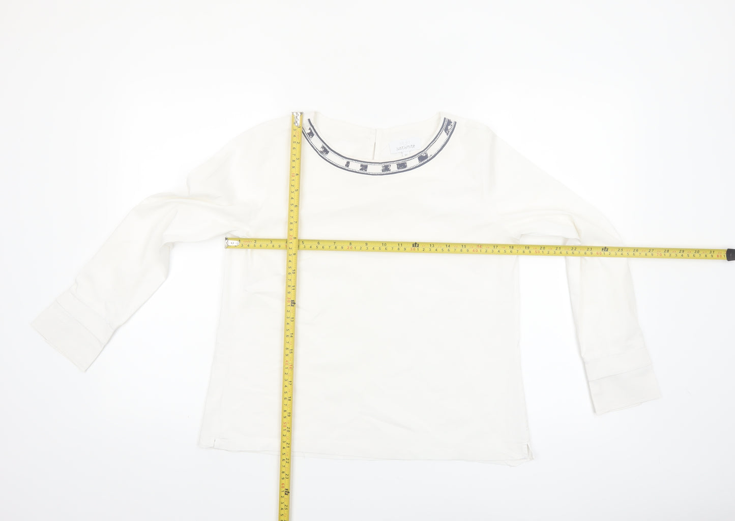 Just White Womens White Long Sleeve Blouse Size 8 Beaded Neckline