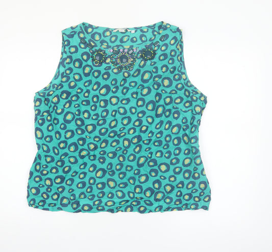 Boden Women's Blue Beaded Animal Print Silk Blend Tank Top Size 20