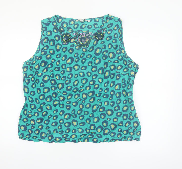 Boden Women's Blue Beaded Animal Print Silk Blend Tank Top Size 20
