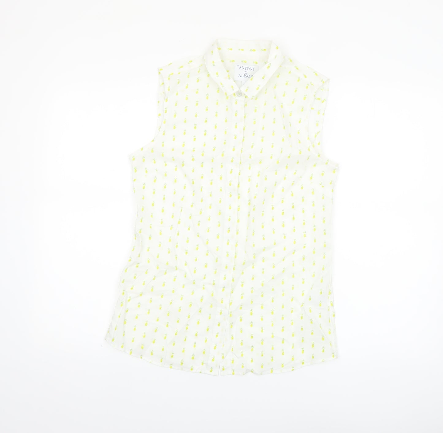 Antoni & Alison Women's White Pineapple Print Sleeveless Cotton Blouse Size 10
