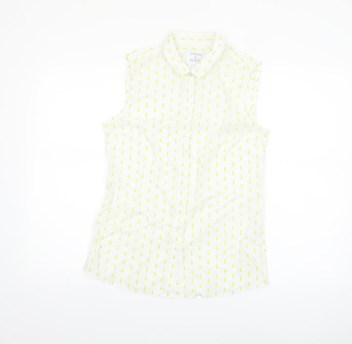 Antoni & Alison Women's White Pineapple Print Sleeveless Cotton Blouse Size 10
