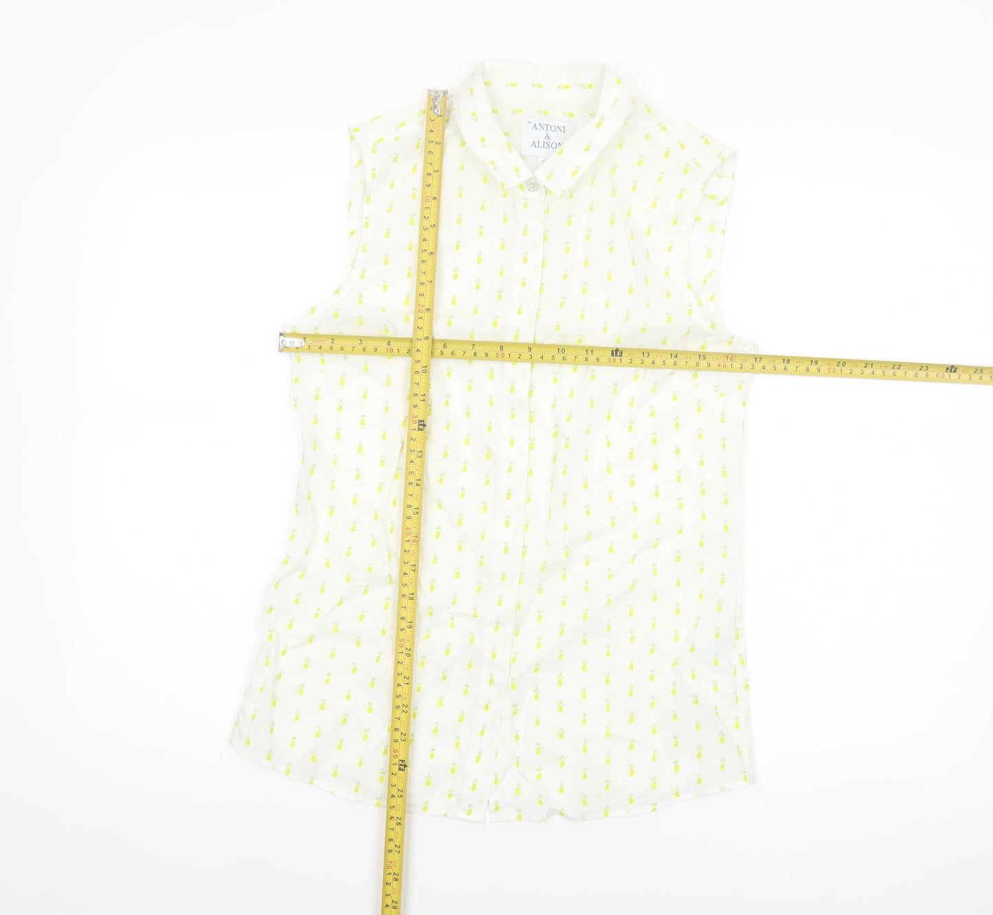 Antoni & Alison Women's White Pineapple Print Sleeveless Cotton Blouse Size 10