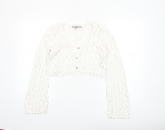 River Island Women White Knit Cropped V-Neck Cardigan Size 10