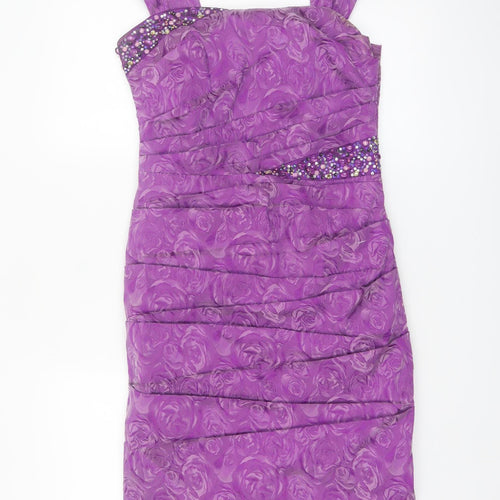 Libra Women’s Purple Floral Ruched Beaded Bodycon Dress Size 10