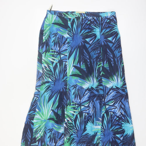 Viyella Women Blue Linen A-Line Midi Skirt Size 14 Tropical Print
