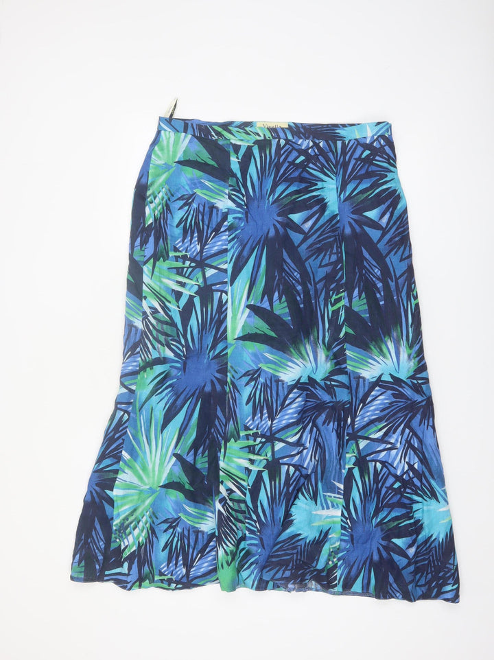 Viyella Women Blue Linen A-Line Midi Skirt Size 14 Tropical Print