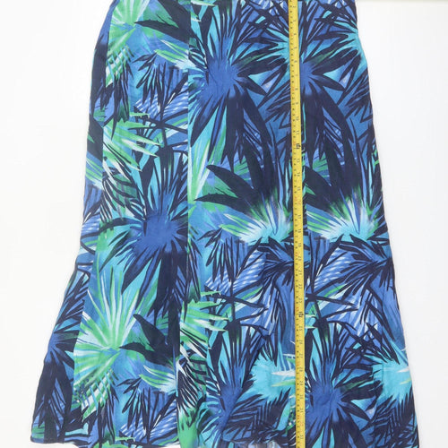 Viyella Women Blue Linen A-Line Midi Skirt Size 14 Tropical Print