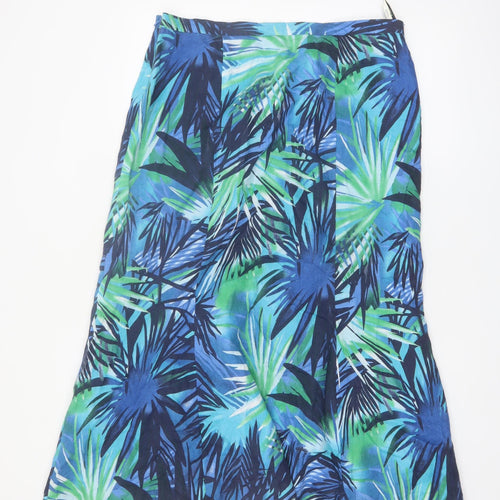 Viyella Women Blue Linen A-Line Midi Skirt Size 14 Tropical Print