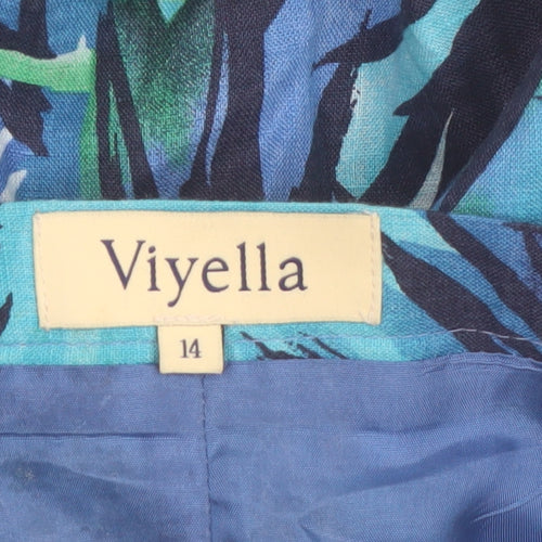 Viyella Women Blue Linen A-Line Midi Skirt Size 14 Tropical Print