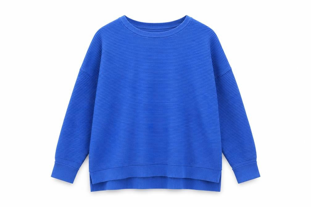 Front view of Alice Collins Women's Blue Cotton Crew Neck Jumper, size 14