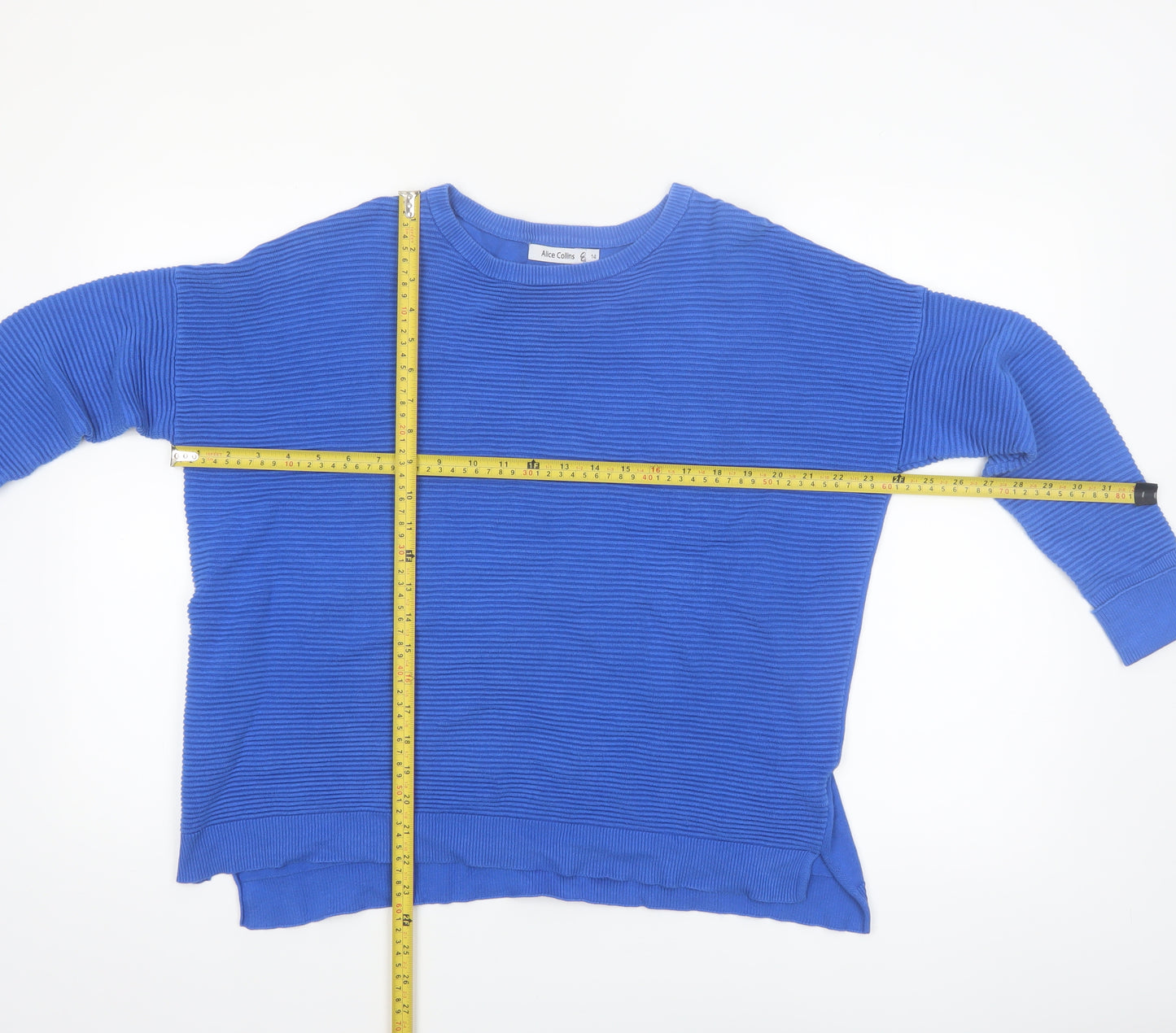 Alice Collins Women's Blue Cotton Crew Neck Jumper Size 14
