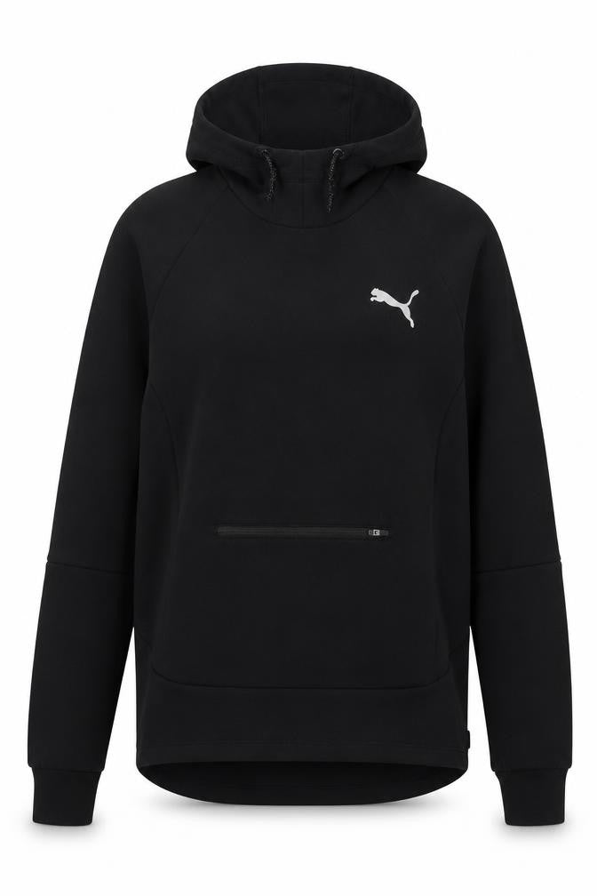 Front view of Puma women’s black medium pullover hoodie with zip pocket
