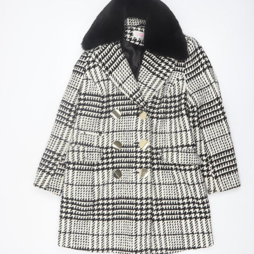 Savida Women's Black & White Houndstooth Faux Fur Collar Pea Coat Size 10