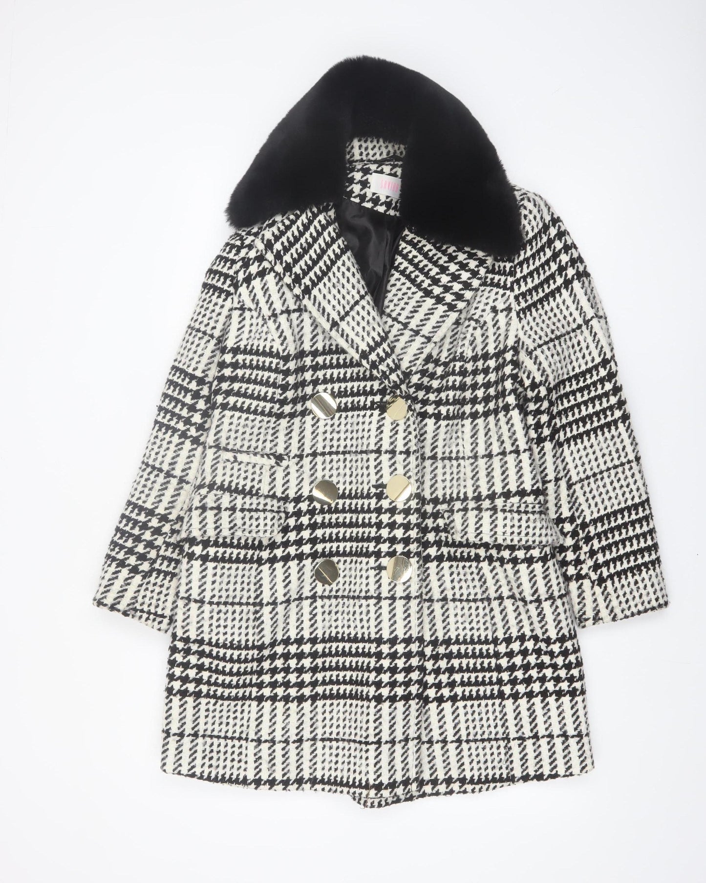 Savida Women's Black & White Houndstooth Faux Fur Collar Pea Coat Size 10