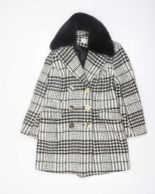 Savida Women's Black & White Houndstooth Faux Fur Collar Pea Coat Size 10