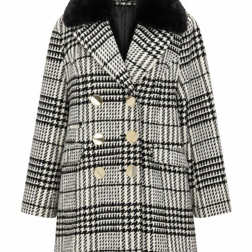 Savida Women's Black & White Houndstooth Faux Fur Collar Pea Coat Size 10