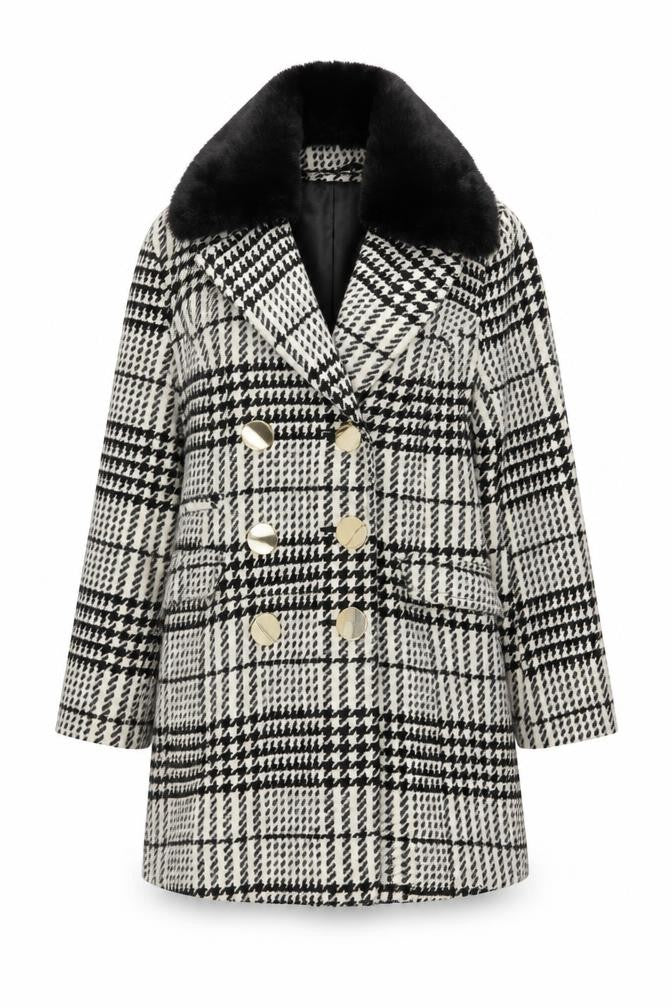 Savida Women's Black & White Houndstooth Faux Fur Collar Pea Coat Size 10
