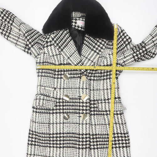Savida Women's Black & White Houndstooth Faux Fur Collar Pea Coat Size 10
