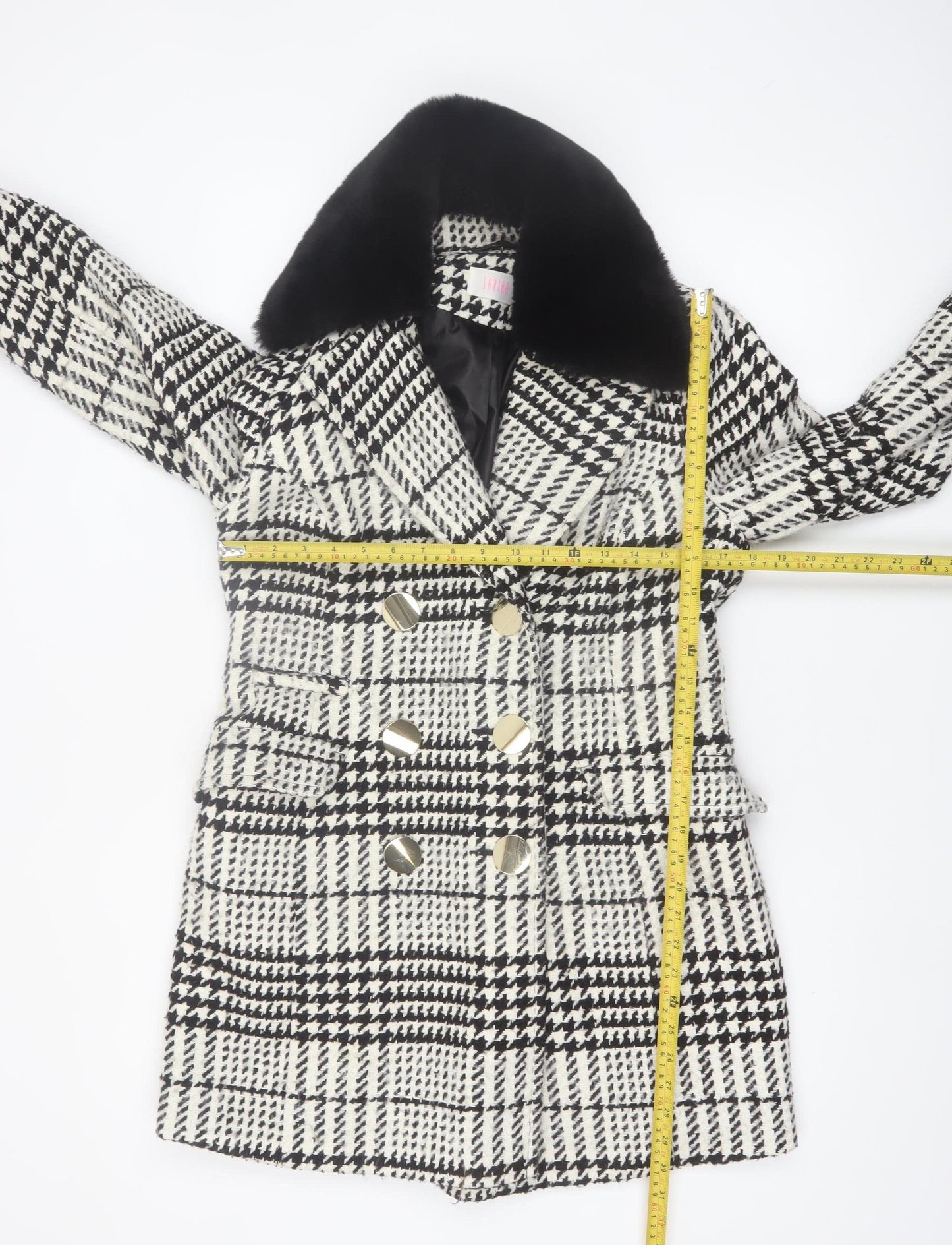 Savida Women's Black & White Houndstooth Faux Fur Collar Pea Coat Size 10