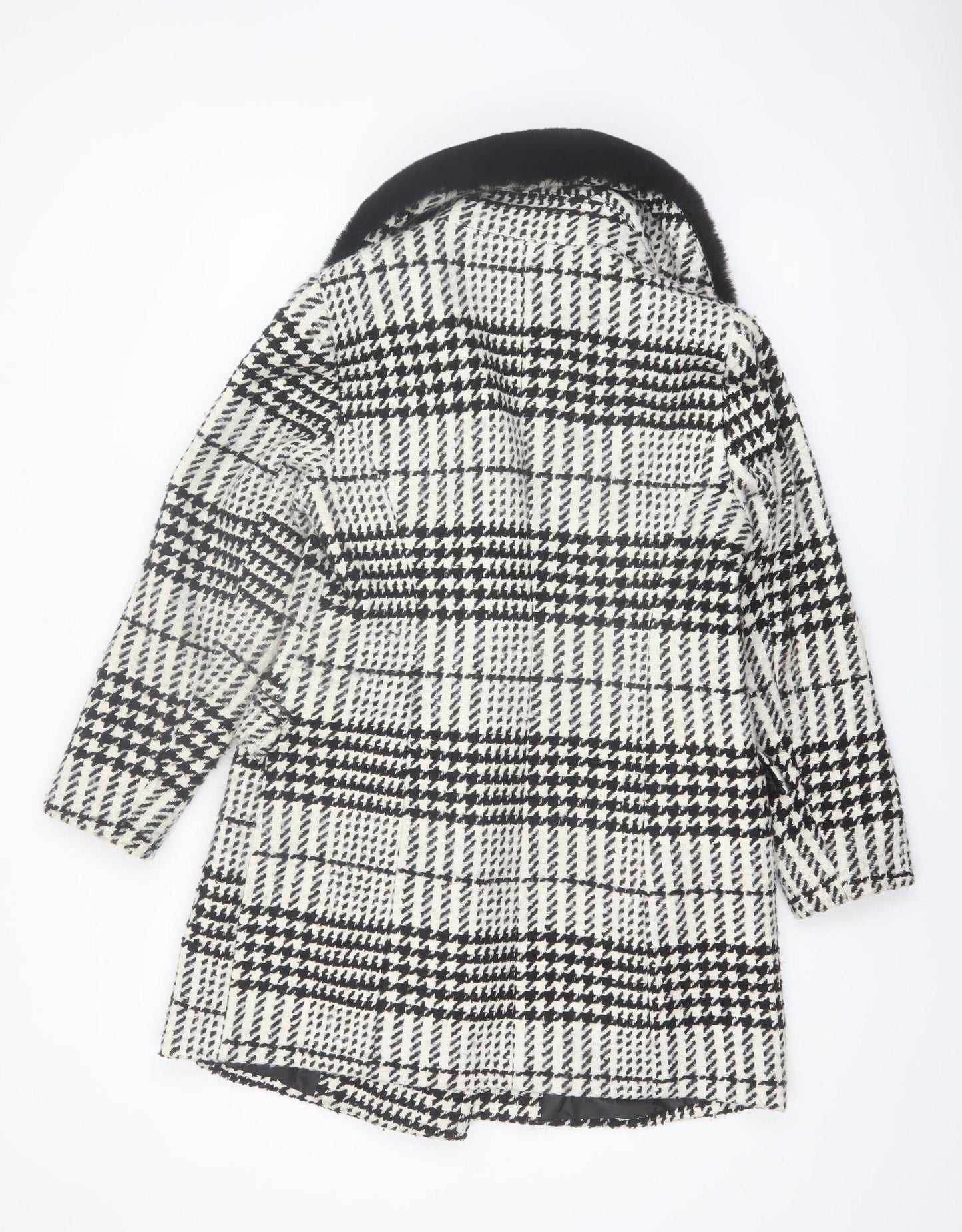 Savida Women's Black & White Houndstooth Faux Fur Collar Pea Coat Size 10