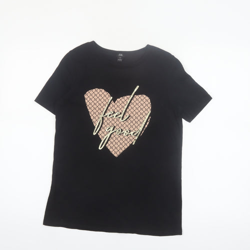 River Island Womens Black Feel Good Heart Graphic Cotton T-Shirt Size S