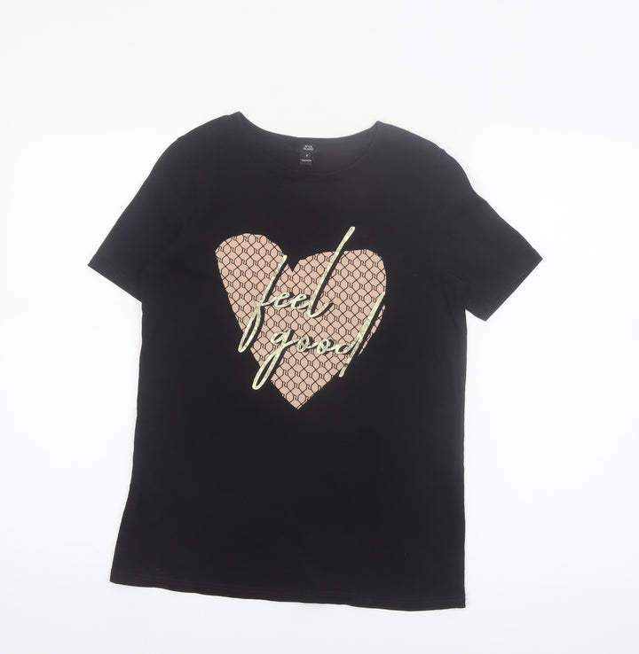 River Island Womens Black Feel Good Heart Graphic Cotton T-Shirt Size S