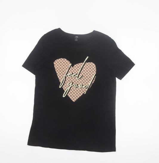 River Island Womens Black Feel Good Heart Graphic Cotton T-Shirt Size S