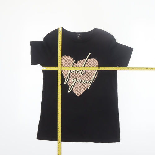 River Island Womens Black Feel Good Heart Graphic Cotton T-Shirt Size S