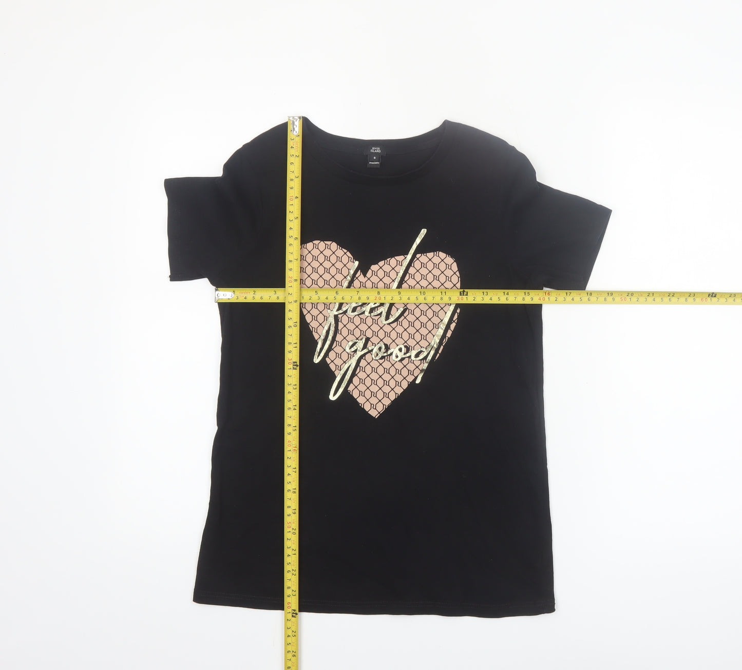 River Island Womens Black Feel Good Heart Graphic Cotton T-Shirt Size S